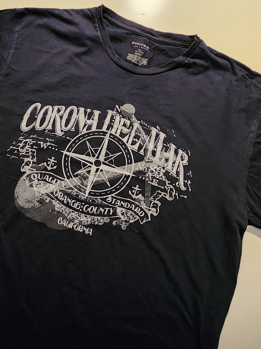 Corona Del Mar Compass Graphic Tee - Black with White Print
